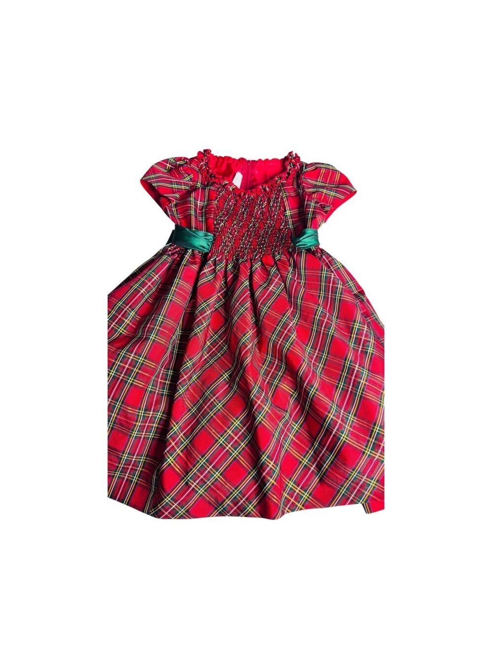 Girls Red Plaid Smocked Holiday Dress Short Puff Sleeve Tulle Size 5 - Picture 4 of 10